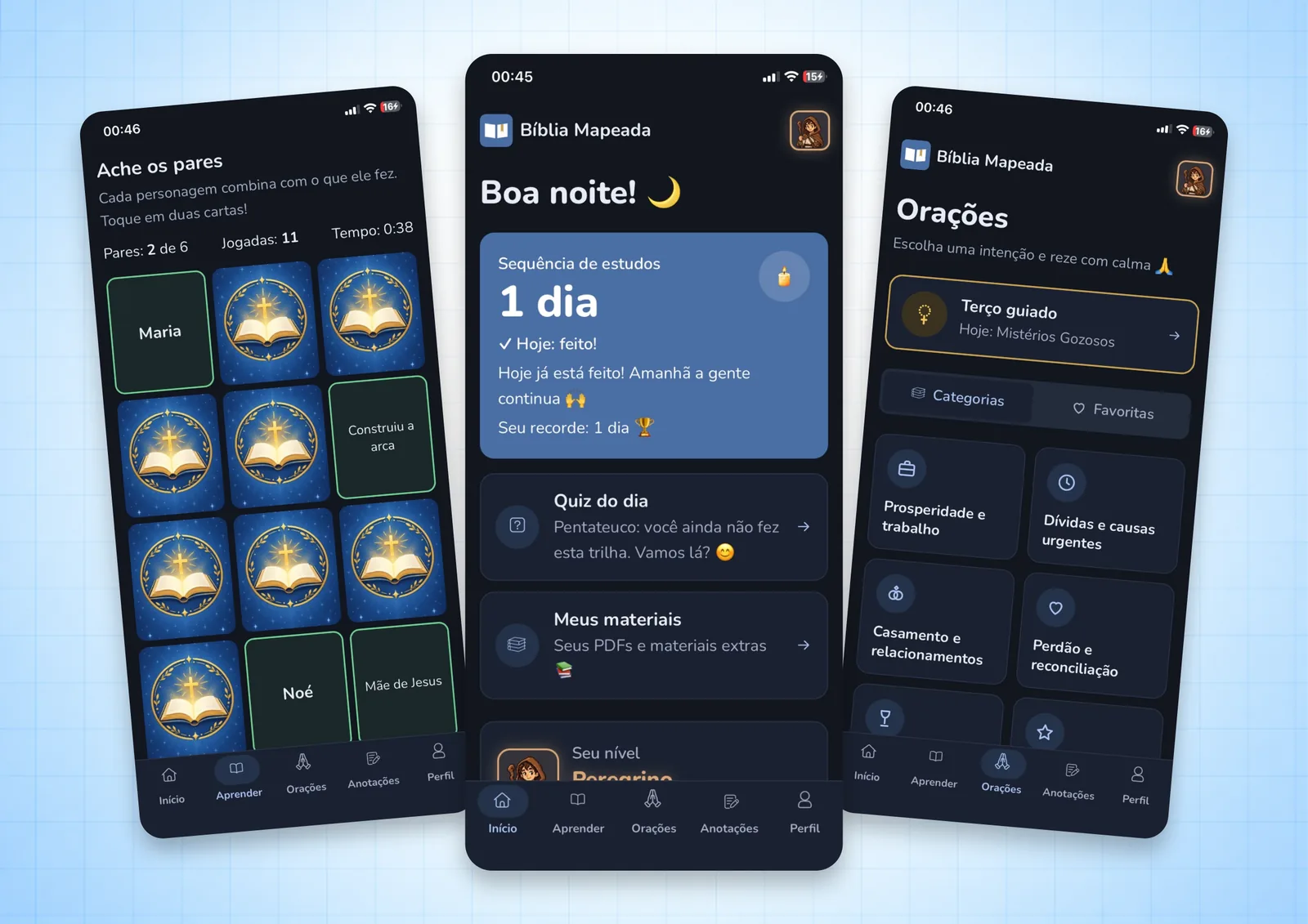 Telas do App da Bíblia Mapeada: jogo da memória, início e orações